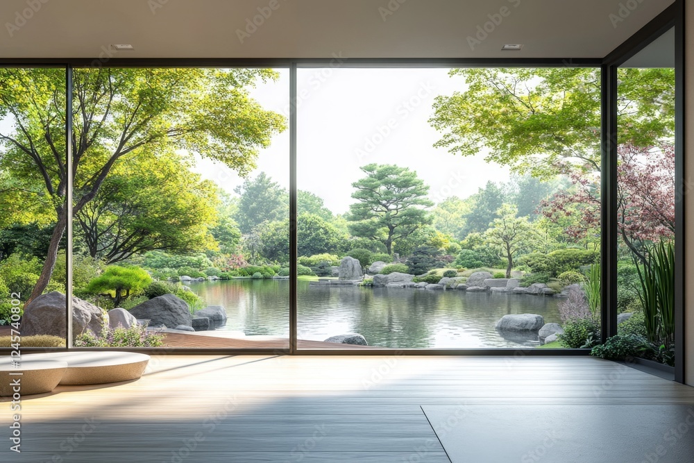 Modern room, garden view, serene pond, sunlight, minimalist design Modern room, garden view, serene pond, sunlight, minimalist design