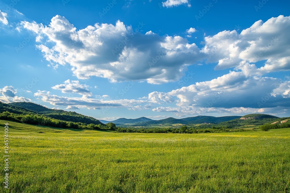 Sunny meadow, rolling hills, blue sky, clouds, landscape Sunny meadow, rolling hills, blue sky, clouds, landscape