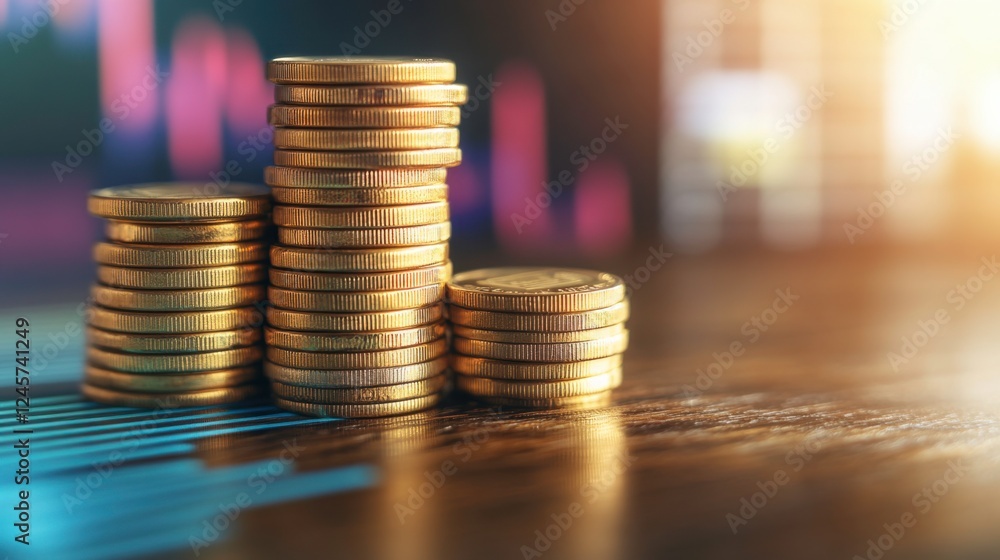 Stacks of Gold Coins with Financial Graph Background in Sunlight Stacks of Gold Coins with Financial Graph Background in Sunlight