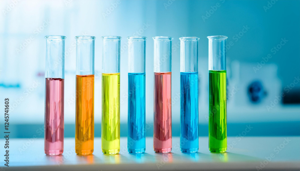 Test tubes with colorful liquids on lab table. Science, research and chemistry concept. Test tubes with colorful liquids on lab table. Science, research and chemistry concept.