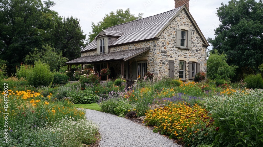 Fototapeta premium Rustic Stone Cottage with Vibrant Garden