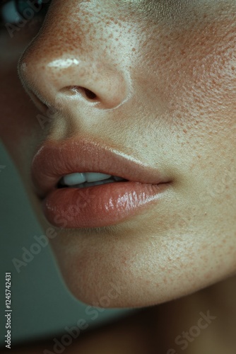 An up-close shot focusing on a person's flawlessly smooth, poreless skin texture with a soft blurred background, highlighting the luminous moisturized complexion. photo