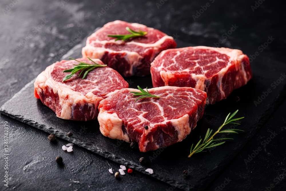 Raw beef steaks, rosemary, slate, dark background, food photography Raw beef steaks, rosemary, slate, dark background, food photography
