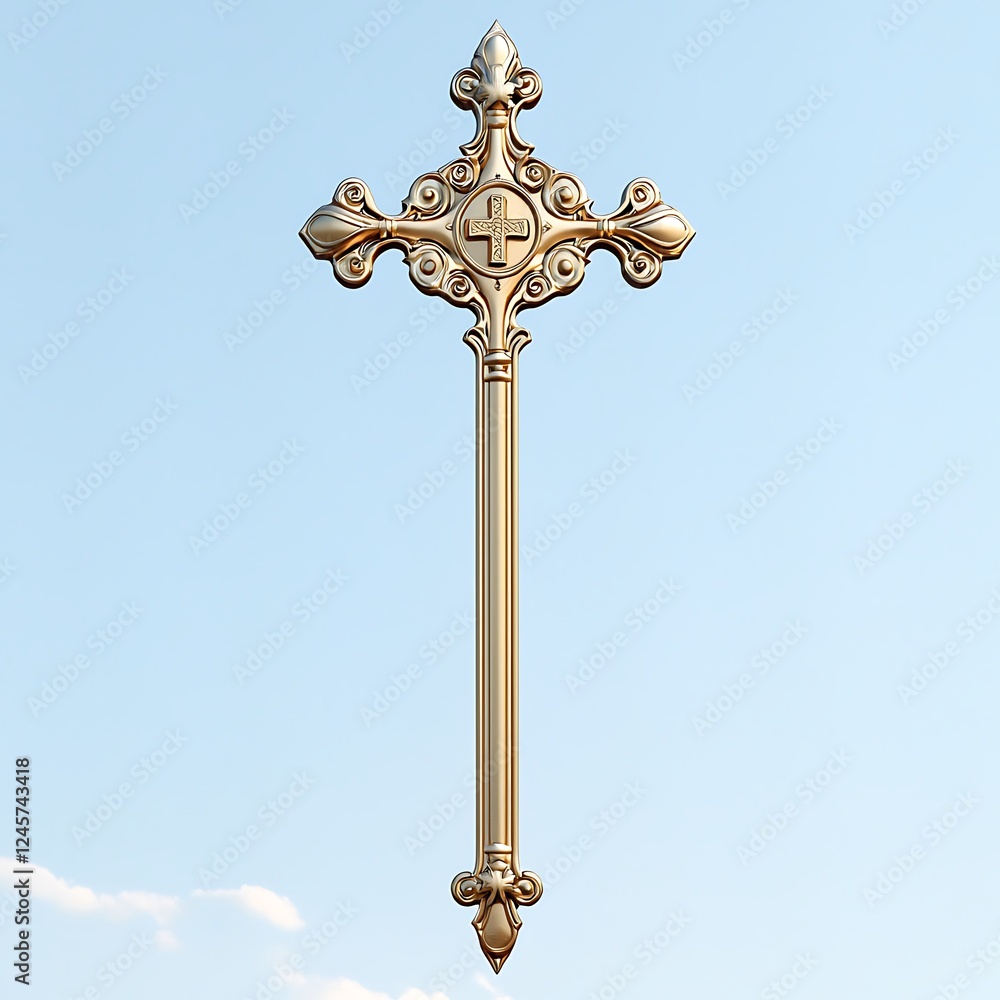 Ornate Gold Cross Against a Blue Sky Ornate Gold Cross Against a Blue Sky