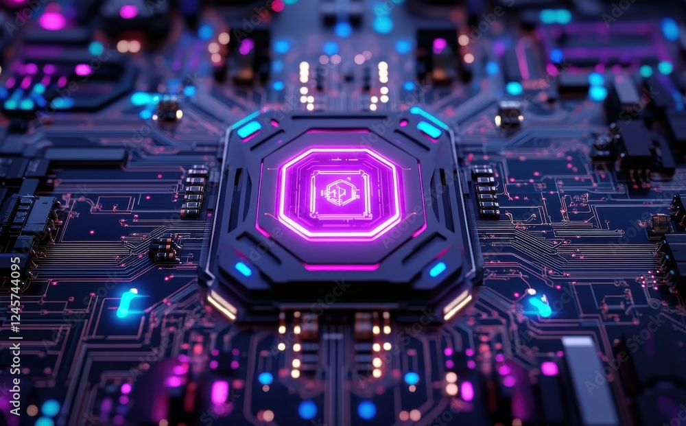 Fototapeta premium Futuristic Computer Circuit Board with Vibrant Neon Lights and a Central Processor, Abstract Technology Background for Digital Concepts