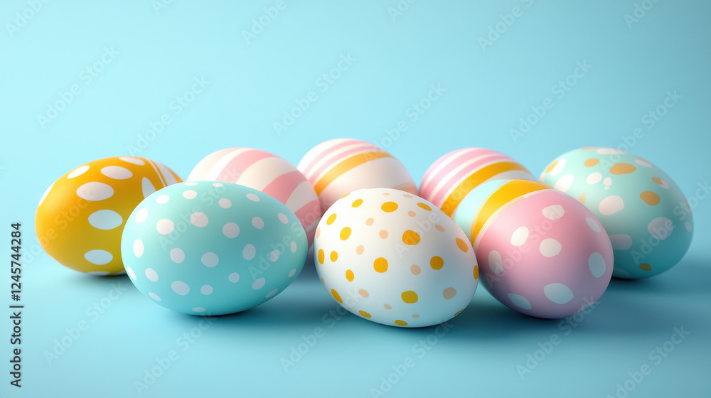 Easter eggs in blue monotone on soft blue backdrop for festive season Easter eggs in blue monotone on soft blue backdrop for festive season