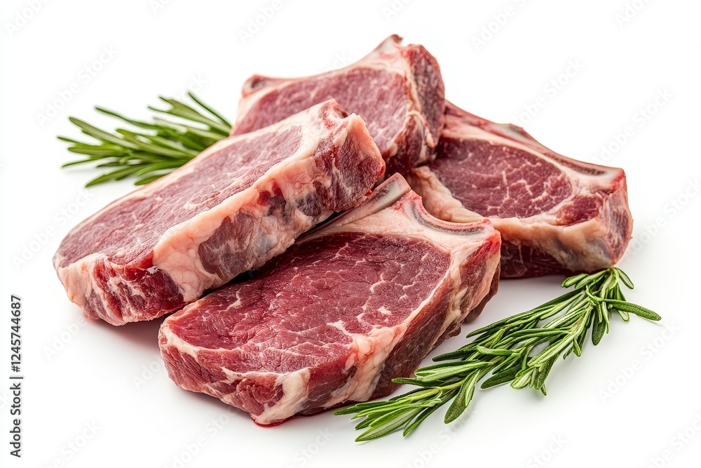 Fresh lamb chops, rosemary garnish, white background, food photography, recipe ingredient Fresh lamb chops, rosemary garnish, white background, food photography, recipe ingredient