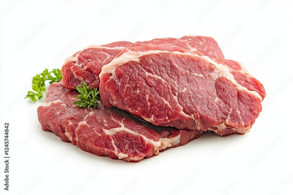Fresh beef steaks, studio shot, white background, parsley garnish, recipe ingredient Fresh beef steaks, studio shot, white background, parsley garnish, recipe ingredient