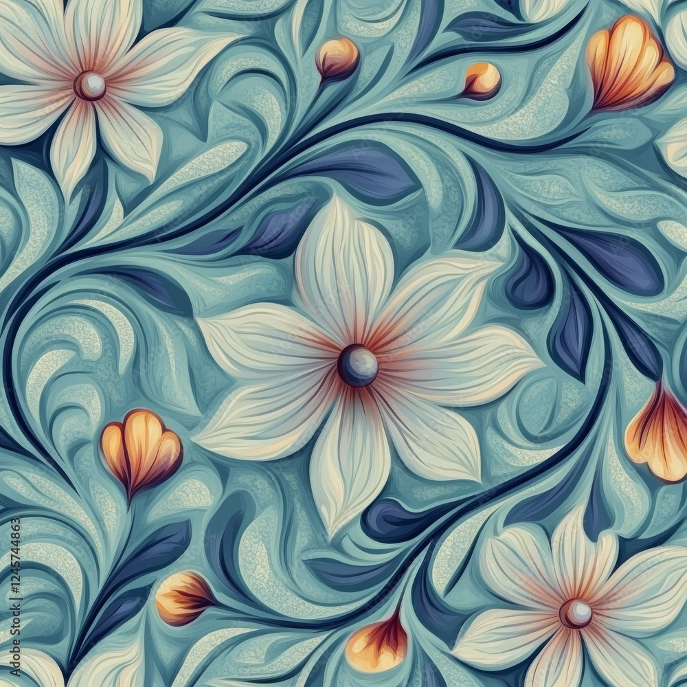 Floral pattern with swirling leaves and petals Floral pattern with swirling leaves and petals