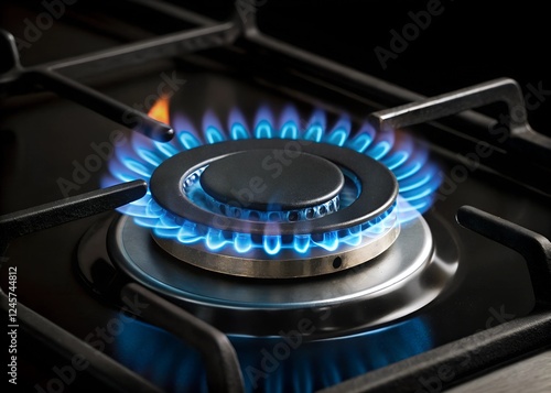 Gas blue flame. Gas stove on a black background. Natural gas inflammation in a furnace burner, close-up view.