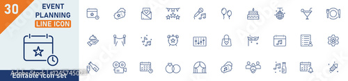 Event planning line icon set. Set of 30 outline icons related to party, birthday, event, catering, invitations, calendar, entertainment, wedding and others. Editable stroke. Vector illustration.
