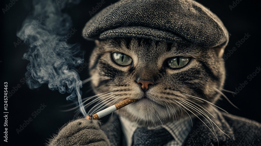 A dapper cat in a suit smoking a cigarette, exuding sophistication. A dapper cat in a suit smoking a cigarette, exuding sophistication.