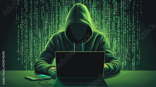 Cybersecurity Threat: Anonymous Hacker Working on Laptop with Green Matrix Code Background