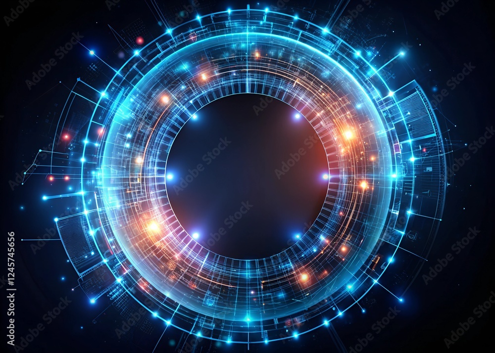 Creative digital tech circle on dark background. Big data and technology concept. 3D Rendering Creative digital tech circle on dark background. Big data and technology concept. 3D Rendering