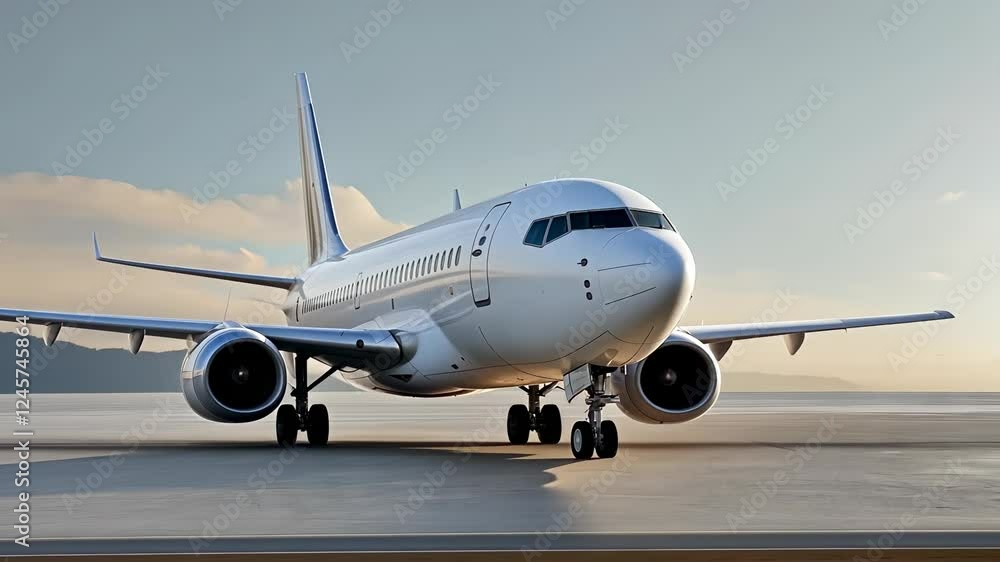 White passenger airplane jet waiting on runway, golden sunrise illuminating aircraft wings against early morning sky standing on the airport runway at sunset video 4K White passenger airplane jet waiting on runway, golden sunrise illuminating aircraft wings against early morning sky standing on the airport runway at sunset video 4K
