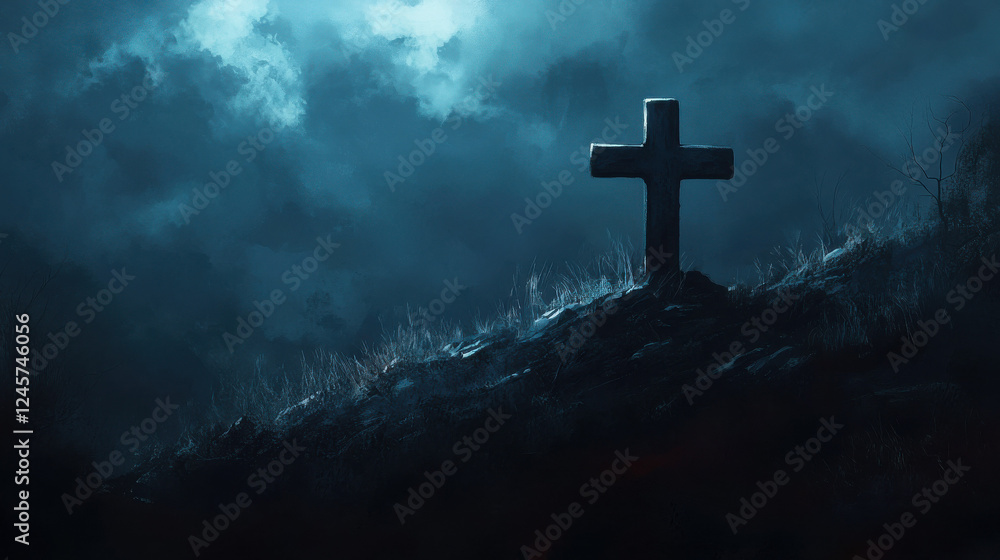 Storm clouds loom over a cross in a desolate landscape Storm clouds loom over a cross in a desolate landscape