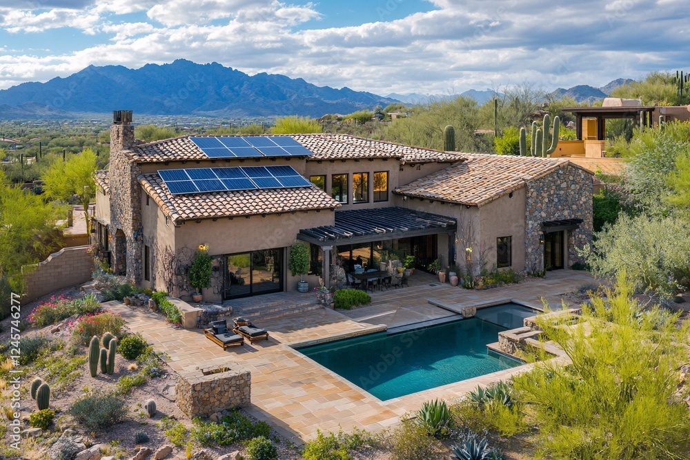 Modern energy-efficient home with solar panels, sustainable landscaping, and desert-adapted garden design Modern energy-efficient home with solar panels, sustainable landscaping, and desert-adapted garden design