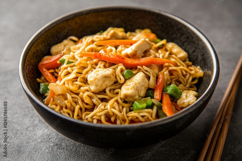 Chicken noodle stir-fry, vegetables, dark bowl, table, Asian cuisine, food photography, recipe Chicken noodle stir-fry, vegetables, dark bowl, table, Asian cuisine, food photography, recipe