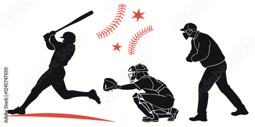 Baseball Game Silhouette Illustration: Batter Swinging, Catcher Crouching, Umpire Watching, Sports Action Art