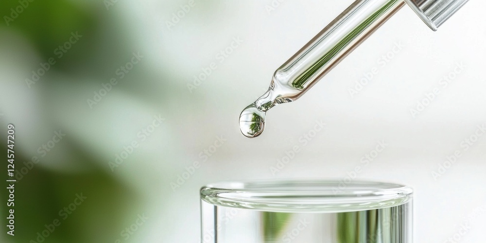 Dropper releasing clear liquid chemical exfoliant for skincare appeal closeup view in natural environment Dropper releasing clear liquid chemical exfoliant for skincare appeal closeup view in natural environment