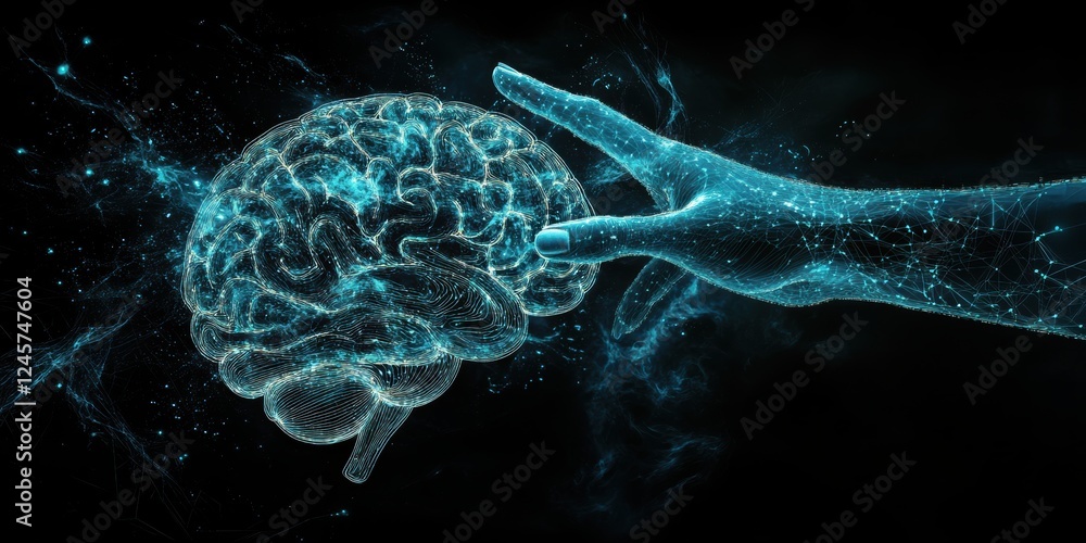 Obraz premium Futuristic Digital Hand Reaching Towards a Glowing Brain in a Neural Network Environment Representing Artificial Intelligence and Cognitive Technology