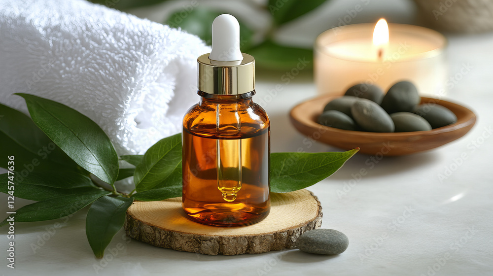 Spa essentials with a burning aromatic candle, natural oils, sea salt, and eucalyptus leaves in a relaxing wellness and tranquility setting Spa essentials with a burning aromatic candle, natural oils, sea salt, and eucalyptus leaves in a relaxing wellness and tranquility setting