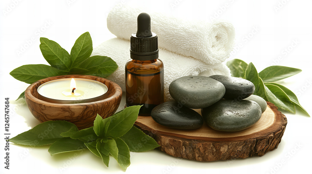 Spa essentials with a burning aromatic candle, natural oils, sea salt, and eucalyptus leaves in a relaxing wellness and tranquility setting Spa essentials with a burning aromatic candle, natural oils, sea salt, and eucalyptus leaves in a relaxing wellness and tranquility setting