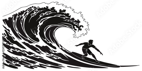 Surfer Riding a Wave Silhouette: Black and White Vector Illustration of a Surfer on a Large Wave, Perfect for Surf Culture and Design