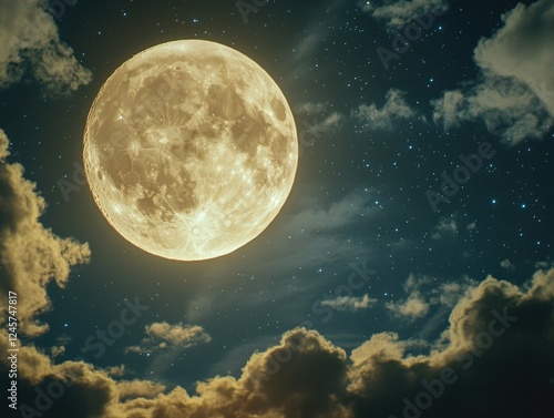 A serene image capturing the moon in its full splendor against a backdrop of clouds, set against the vast night sky filled with stars. The moon's luminous glow illuminates the sky below, casting an photo