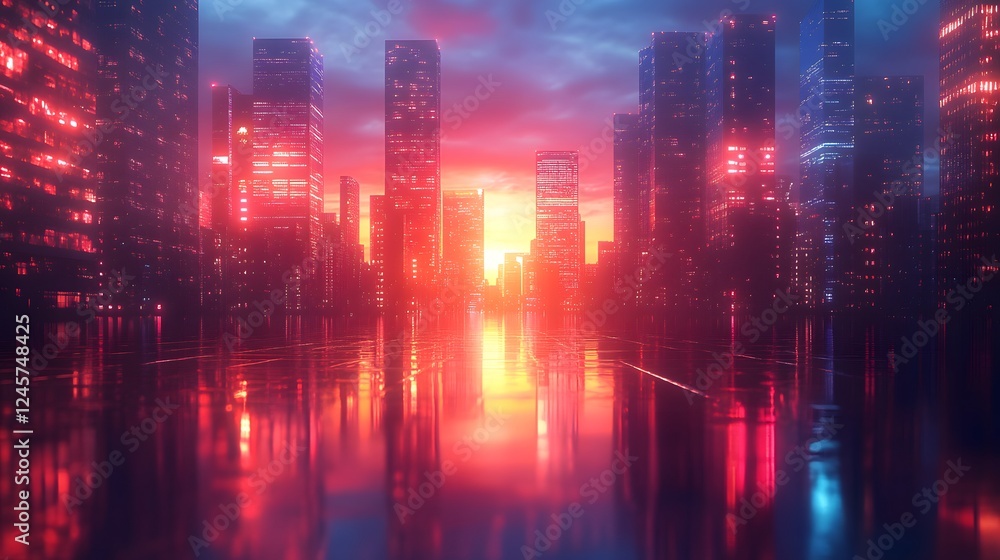 Futuristic Urban Cityscape at Sunset with Vibrant Colors and Reflections during a dramatic sunset Futuristic Urban Cityscape at Sunset with Vibrant Colors and Reflections during a dramatic sunset