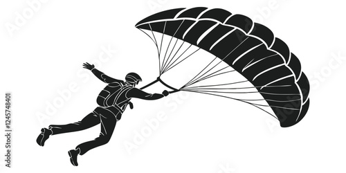 Black & White Vector Illustration of a Skydiver Parachuting Down, Skydiving Adventure, Extreme Sport Graphic Design