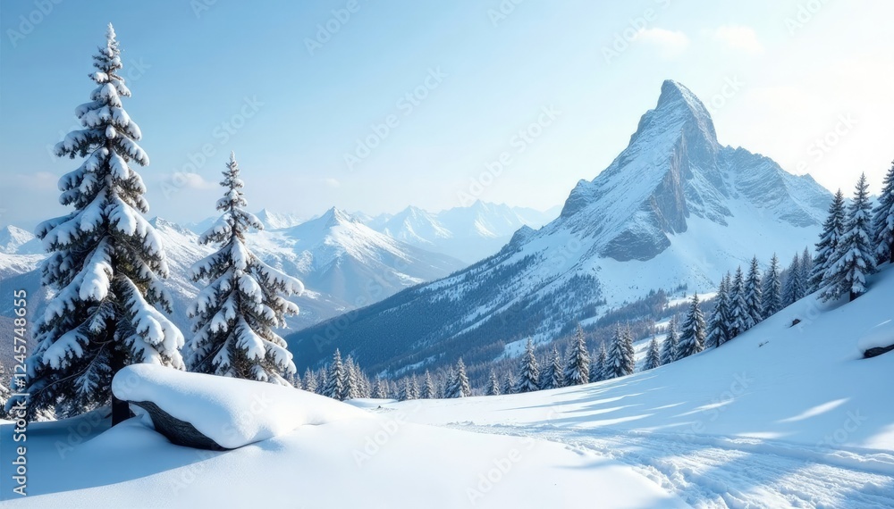 Snowy mountain peak with trees and rocky terrain under a bright white sky, landscape, winter, forest Snowy mountain peak with trees and rocky terrain under a bright white sky, landscape, winter, forest