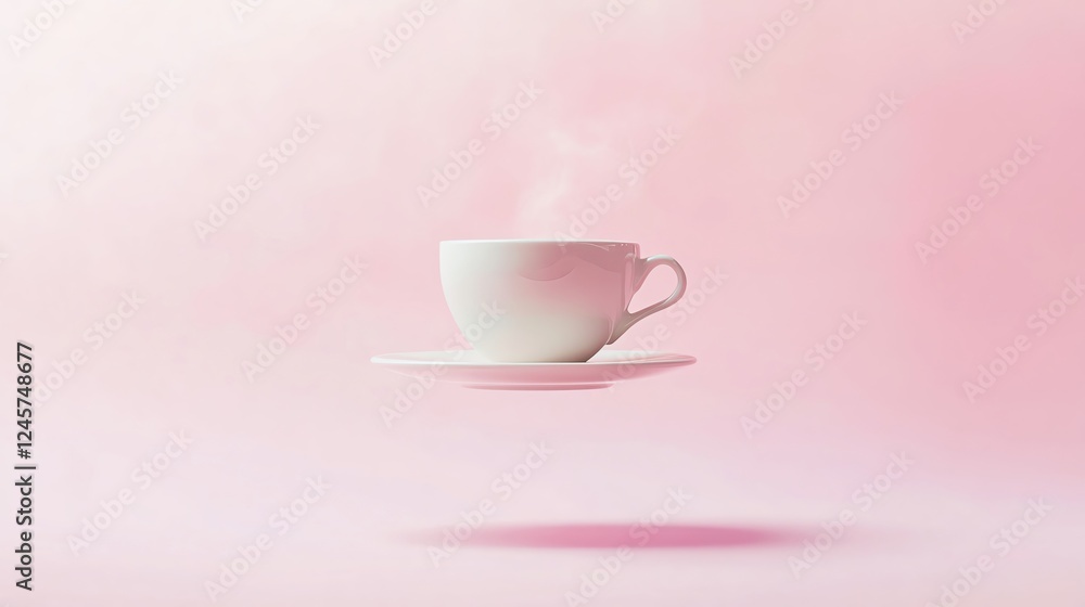 Floating cup of steaming beverage on pink backdrop. Floating cup of steaming beverage on pink backdrop.