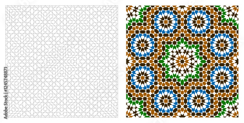 Seamless arabic ornament based on traditional arabic art. Colouring scheme and example
