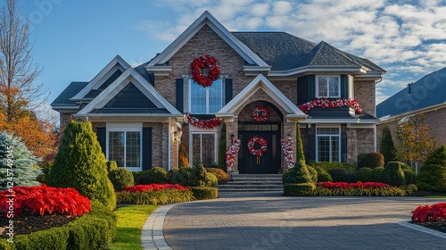 Elegant Brick House Decorated for Holiday Season with Flowers