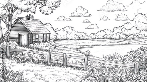 Wallpaper Mural Rustic cabin by lake, idyllic countryside scene, coloring book page Torontodigital.ca