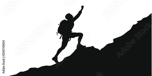 Silhouette of a Mountain Climber with Backpack Reaching the Summit - Success, Achievement, Challenge, and Determination Concept