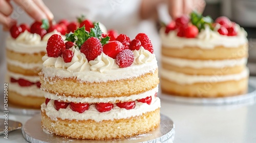 Wallpaper Mural Baker decorates delicious berry cake, kitchen background, food photography Torontodigital.ca