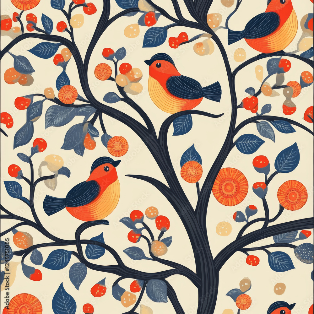 Fototapeta premium Colorful birds perched on floral tree branch