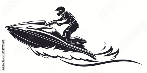 Black and White Illustration of a Person Riding a Jet Ski on Water, Watercraft Sports, Recreation, Extreme Sports, Water Activities