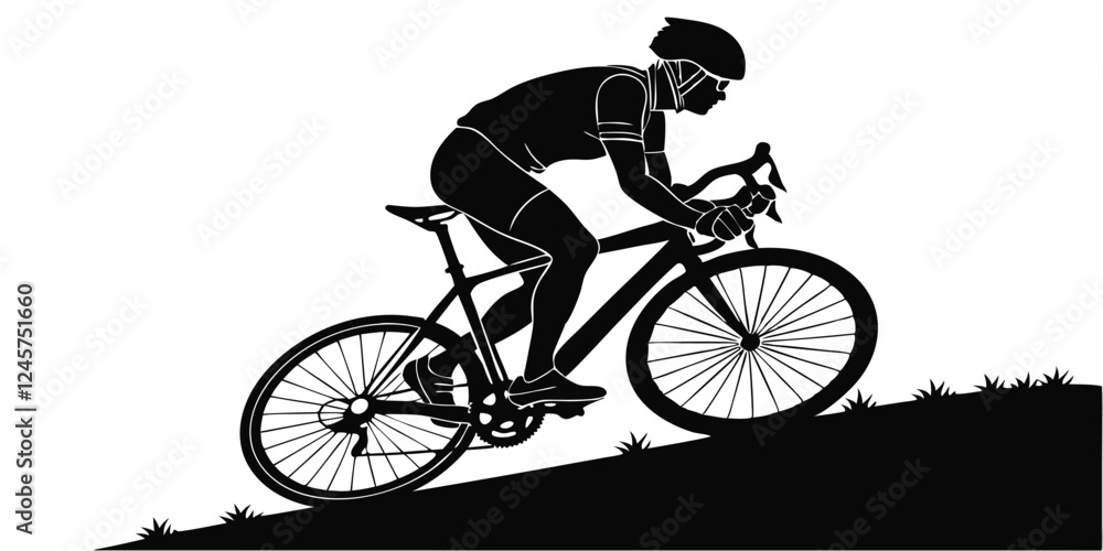 Obraz premium Cyclist Silhouette Riding Bike Uphill: Road Cycling Vector Illustration, Black and White Graphic Art, Fitness and Sport Design
