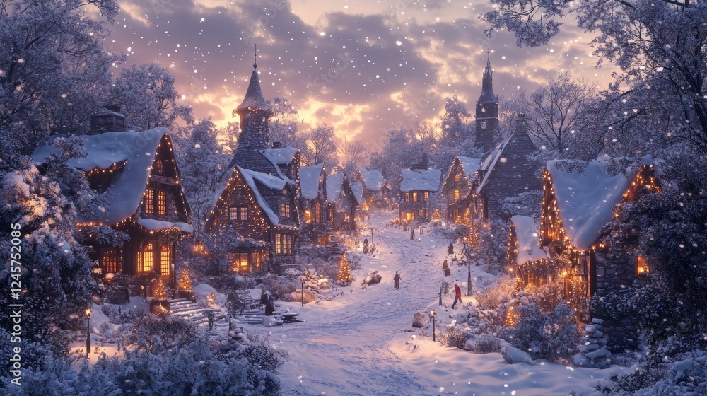 A festive winter village street with charming houses, snow-covered roofs, and holiday lights twinkling in the evening A festive winter village street with charming houses, snow-covered roofs, and holiday lights twinkling in the evening