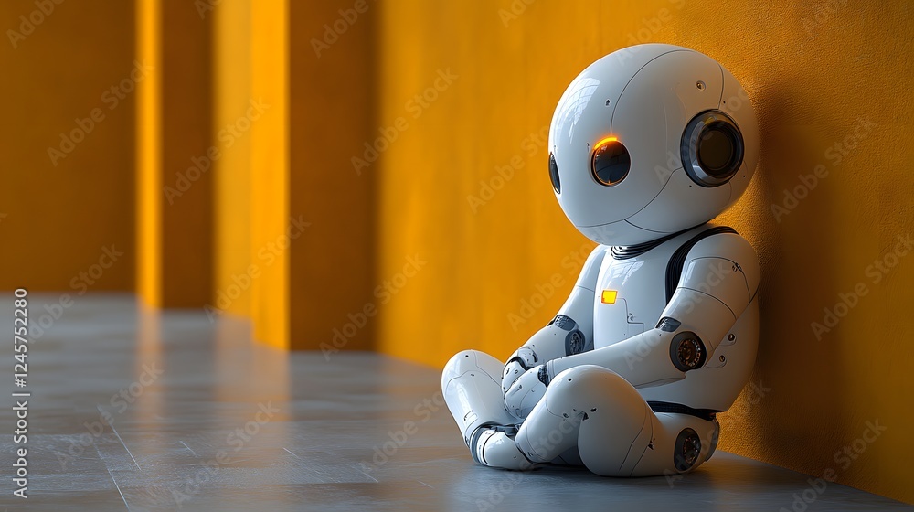 Modern Robotic Figure in White Suit Against Vibrant Background Modern Robotic Figure in White Suit Against Vibrant Background