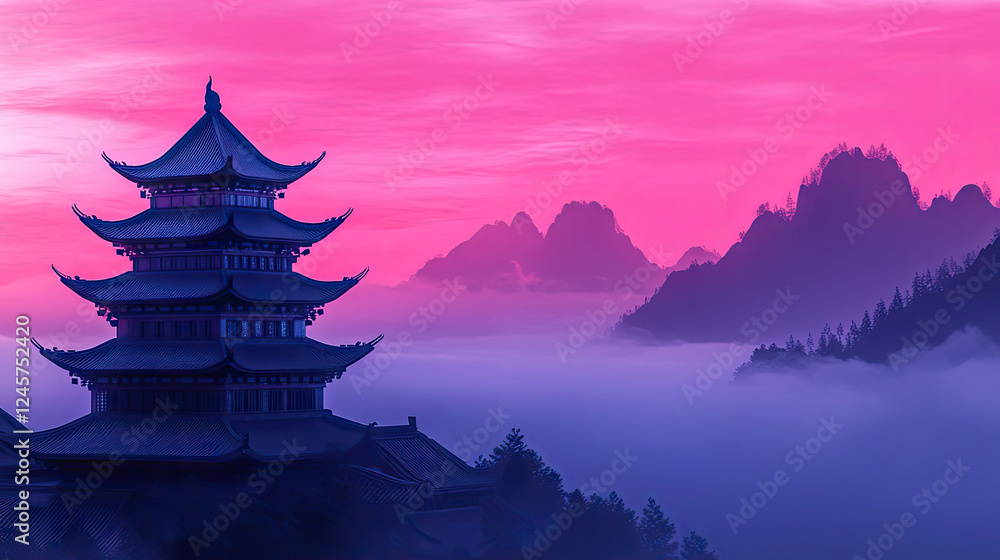 Obraz premium Serene Asian Pagoda at Sunrise Over Misty Mountains