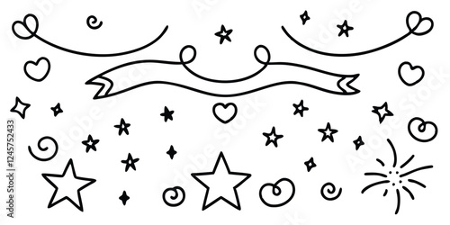 Hand-Drawn Celebration Elements: Stars, Hearts, Banner, Swirls, and Sparkles - Cute Doodle Style for Festive Designs and Decorations