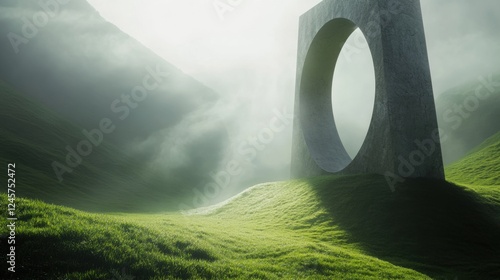 Mysterious stone structure in a foggy valley surrounded by lush green hills at dawn photo