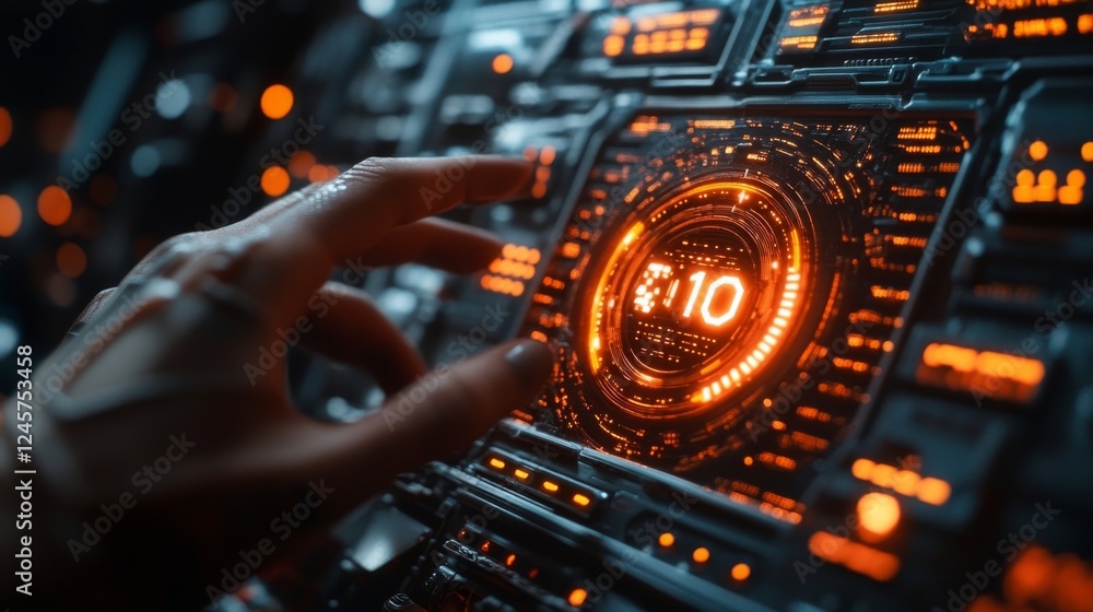 Obraz premium Futuristic Interface: A Hand Interacts with a Glowing High-Tech Control Panel