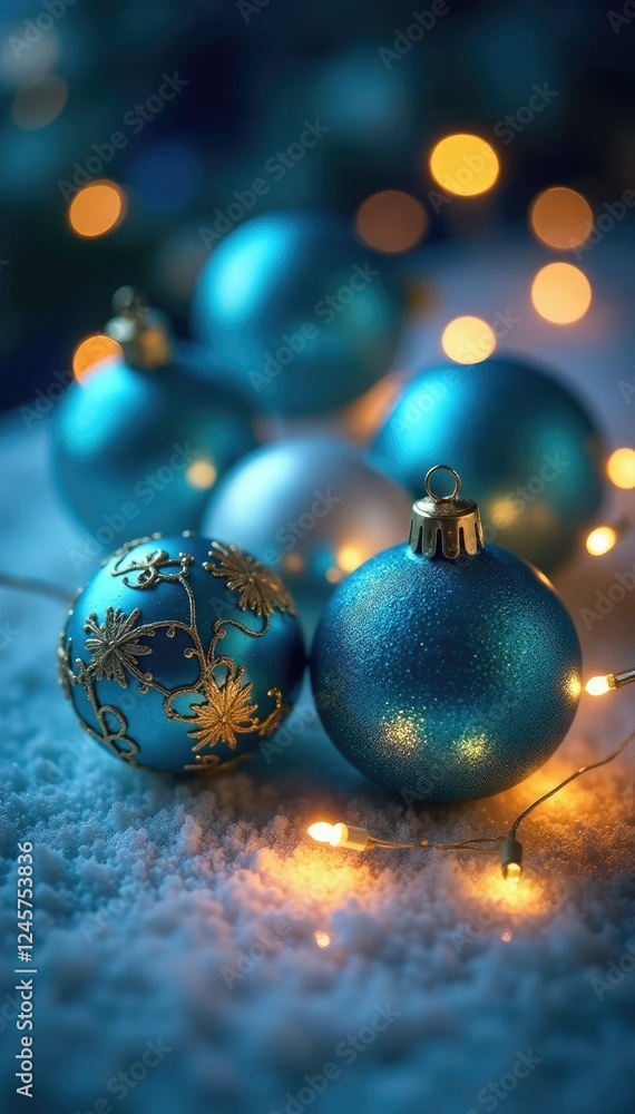 Obraz premium Blue and gold ornaments on a frosted glass table with Christmas lights, decorations, blue, lights