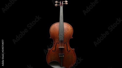 A violin stands poised against a stark black background