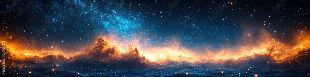 Naklejka premium Starry Night Sky Cosmic Scene with Blue Stars and Galaxy